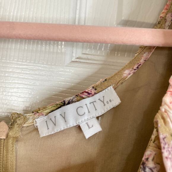 IVY CITY CO Tan Floral Mini Dress Ruffle Cottagecore Boho Fairy Size Large - Picture 4 of 7